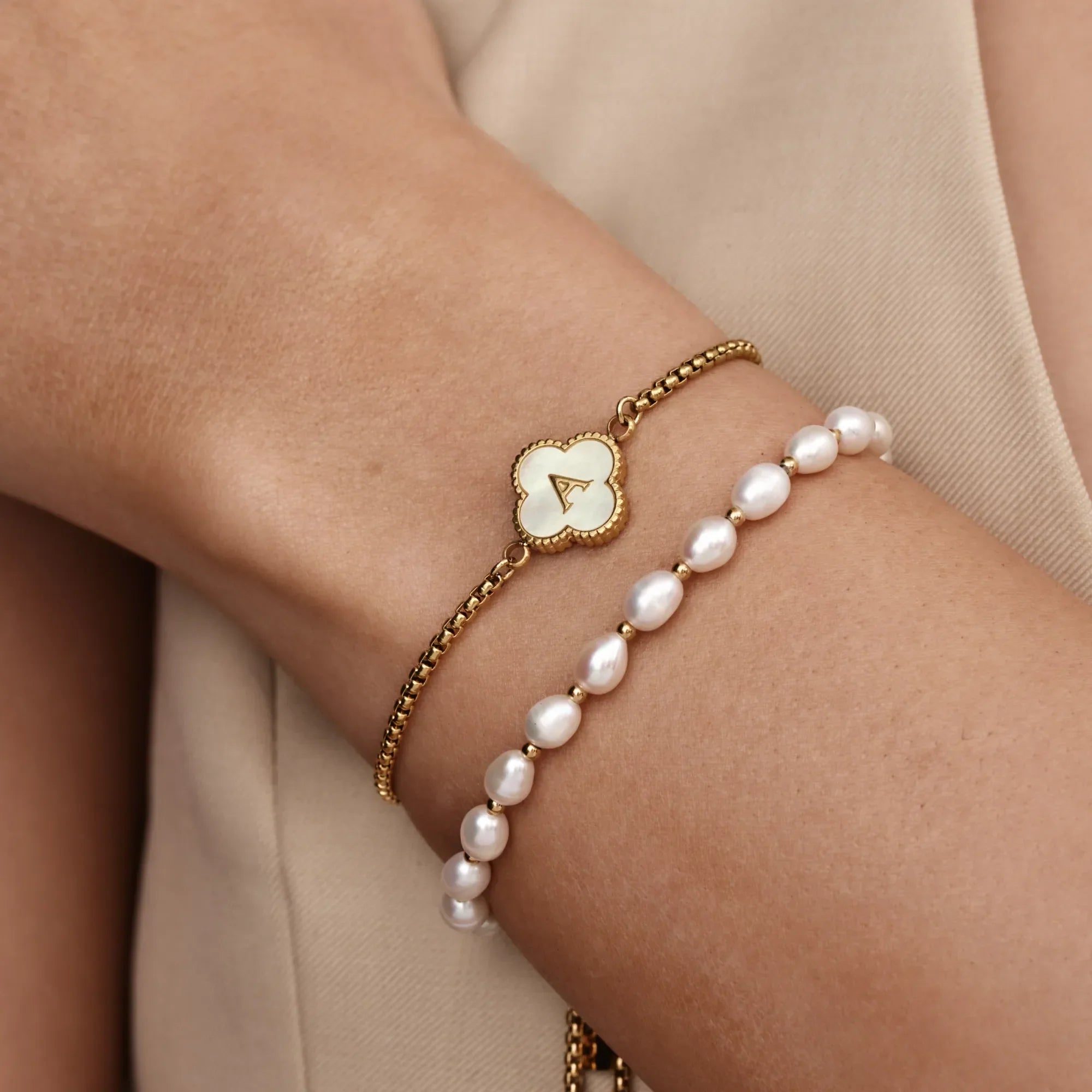 Mother of Pearl Clover Initial Bracelet