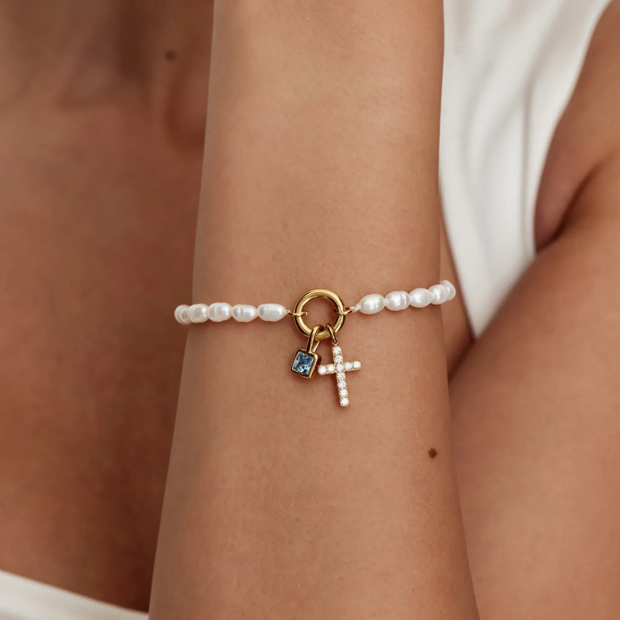 Pearl Birthstone Cross Charm Bracelet