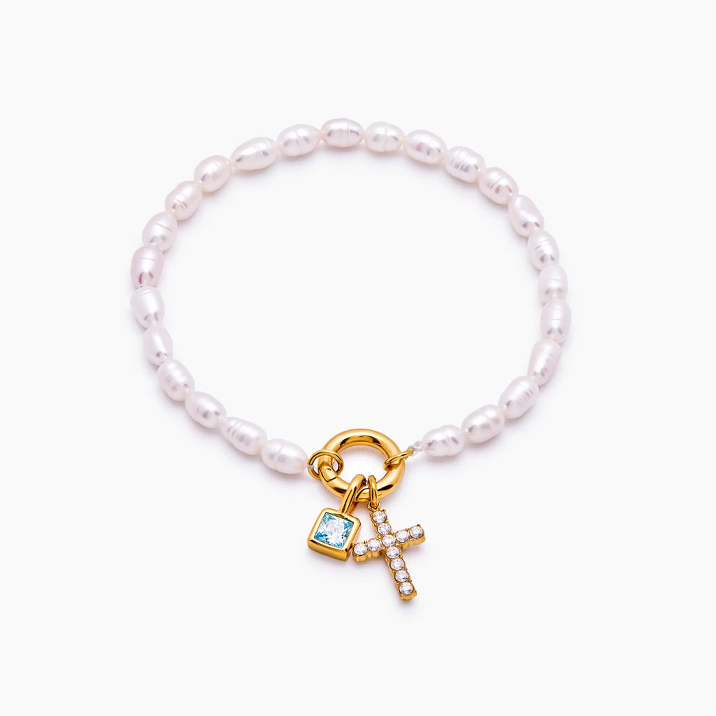Pearl Birthstone Cross Charm Bracelet