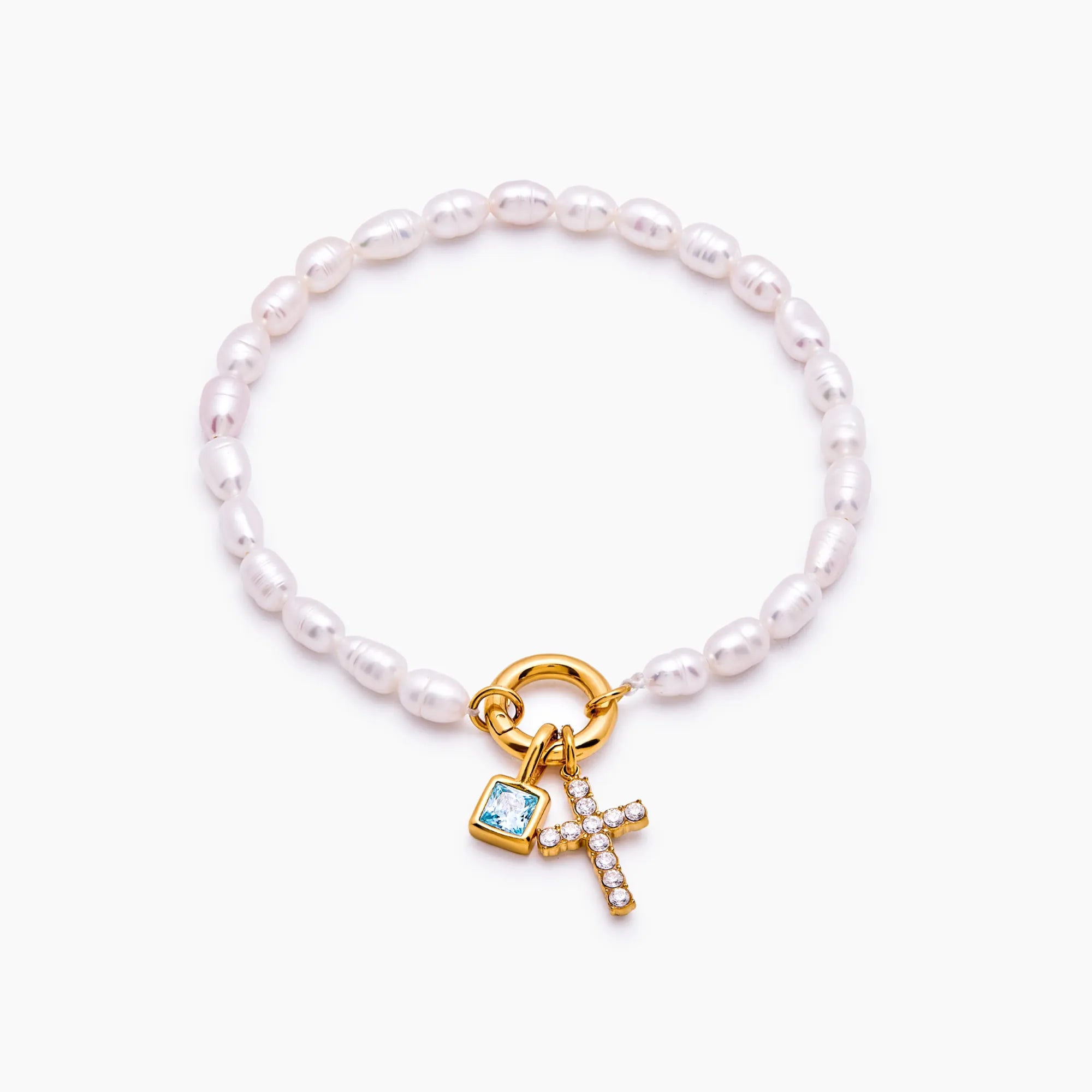 Pearl Birthstone Cross Charm Bracelet
