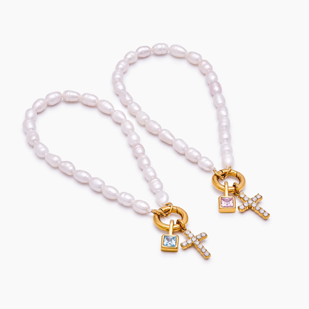 Pearl Birthstone Cross Charm Bracelet