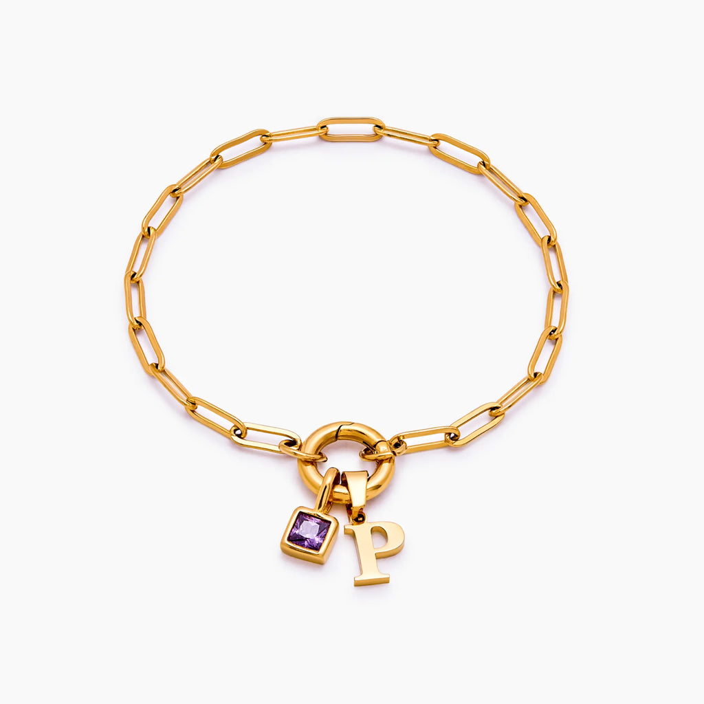 Paperclip Initial Birthstone Bracelet